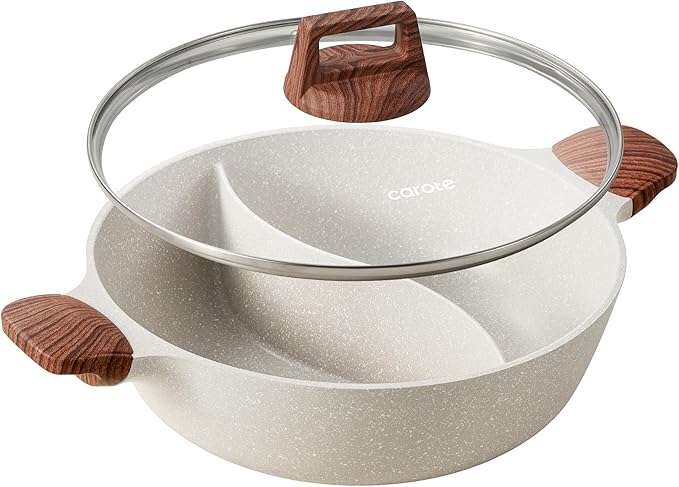 CAROTE Hot Pot with Divider Double Flavor Divided Stockpot with Glass Lid, Dual Sided Nonstick Stock Pot, Shabu Shabu Pots, Cookware for Induction Cooktop Gas Stove, 4.5-QT