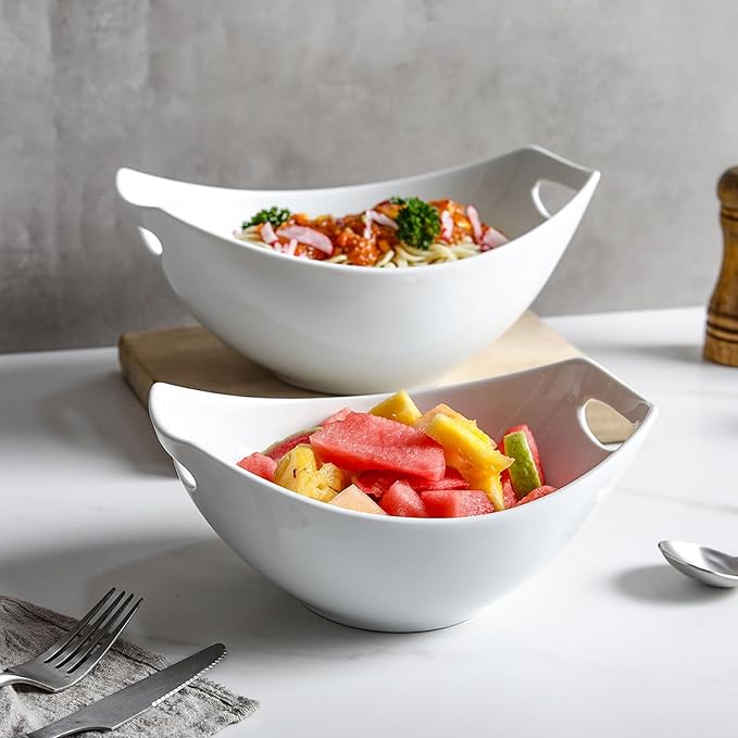 Ceramic Serving Bowls with Handles, Large Salad Bowl Set for Entertaining, Mixing, Serving Dishes for Parties, Kitchen, Housewarming & Everyday Use, Set of 3, 15/28/49 oz