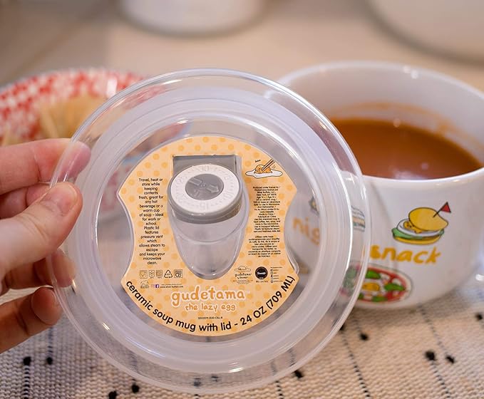 Silver Buffalo Sanrio Gudetama Burp Late Night Snack Lazy Egg Ceramic Soup Mug with Vented Plastic Lid, 24 Ounces
