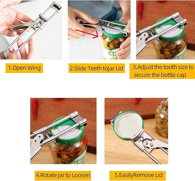 Adjustable Stainless Steel Jar Opener for Seniors & Weak Hands, Bottle Lid Opener Tool with Non-Slip Grip, Easy Manual Canning Jar Cap Cracker Openers for Jars, Tops, Cans. (1)