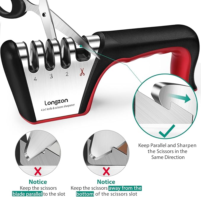 Longzon 4-in-1 Knife Sharpener [4 Stage] with a Pair of Cut-Resistant Glove, Original Premium Polish Blades, Best Kitchen Knife Sharpener Really Works for Fruit and Steel Knives, Scissors-Black+Red
