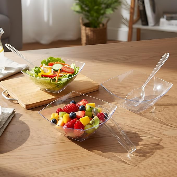 22 Pcs 32 oz Clear Plastic Serving Salad Bowl with 9'' Plastic Serving Spoons Forks and Tongs Disposable Utensils for Weddings Catering Birthday Party Supplies