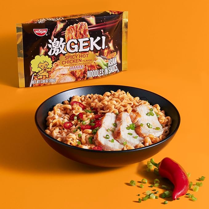 Nissin Geki Chili Infused Asian Noodles, Spicy Hot Chicken (Pack of 20)