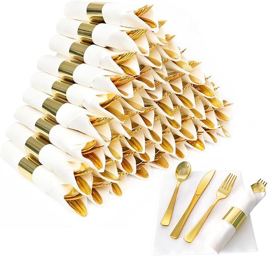 60 Pack Pre Rolled Gold Plastic Silverware Set, Wrapped Plastic Cutlery Set with Napkin Include 60 Forks, 60 Spoons, 60 Knives and 60 White Napkins for Party, Wedding,Birthday,Christmas