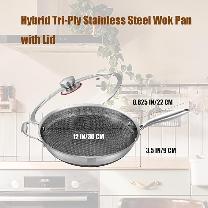 LOLYKITCH New Hybird 12 Inch Tri-Ply Stainless Steel Wok Pan with Lid,Ceramic Nonstick Stir Fry Pans,Induction Cooking Pan,Dishwasher and Oven Safe