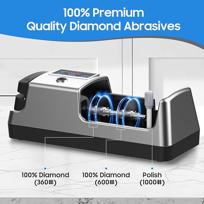 5-in-1 Electric Knife Sharpener for Kitchen Knives, with 100% Diamond Abrasives, 3 Adjustable Speeds, Quickly Sharpening for Straight/Serrated/Kitchen Knives, Scissors