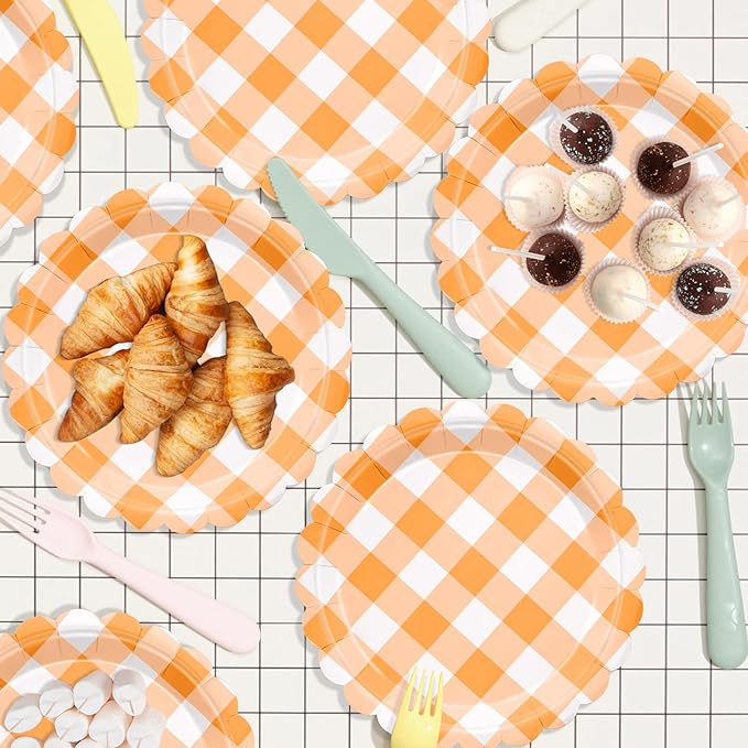48 Pcs 7" Orange Gingham Paper Plates, Disposable Orange and White Checkered Party Plates with Scalloped Edges, Fall Plaid Dessert Plates for Pumpkin Baby Shower, Picnic, Thanksgiving, Birthday Party
