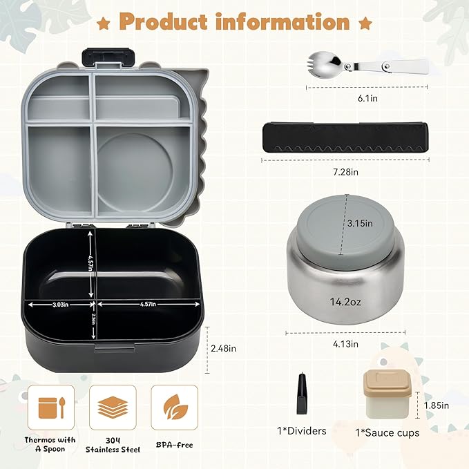 Bento Lunch Box with Thermo, 4-Compartment Bento Box with Adjustable Dividers, Leakproof Dinosaur Lunch Box with 14.2OZ Insulated Food Jar & Sauce Jar, for School Office Travel(Grey)