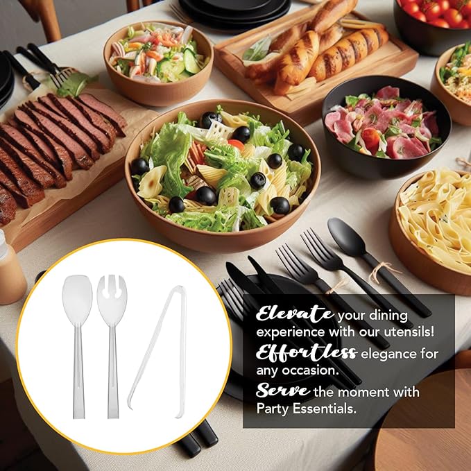 Party Essentials Plastic Party Buffet Serving Utensils Kit, Spoons/Forks/Tongs, 20-Piece, Clear