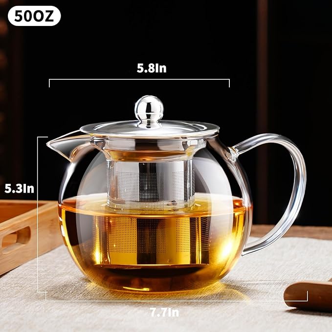 PARACITY Glass Teapot Stovetop 50 OZ/1500ml, Tea pot with Removable 18/8 Stainless Steel Infuser, Borosilicate Clear Tea Kettle, Teapot Blooming and Loose Leaf Tea Maker Tea Brewer for Camping, Travel