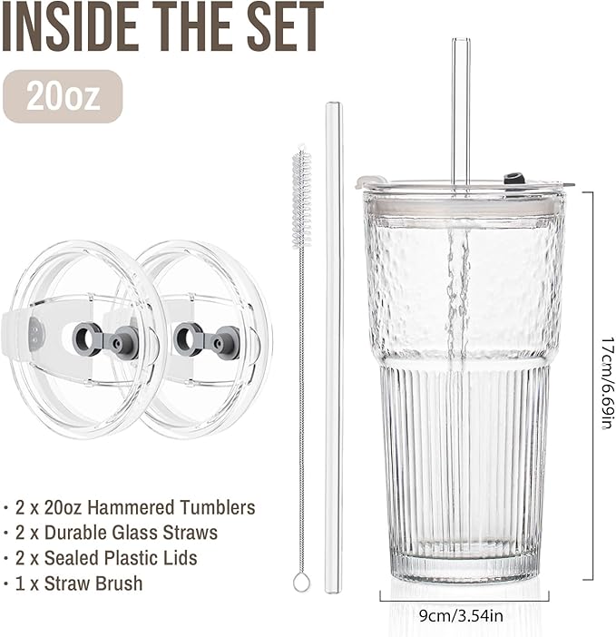 20oz Glass Tumblers with Lids and Straws, Set of 2 - Stylish Ribbed Design Drinking Glasses for Iced Coffee Cups, Juice, Smoothies, Cold Beverages, Includes Cleaning Brush, Durable Glassware