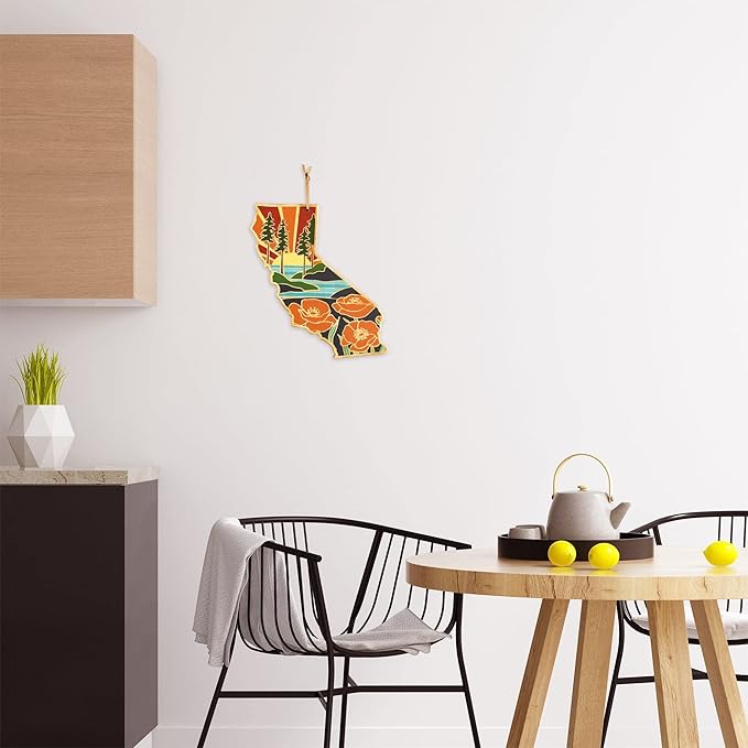 Totally Bamboo California State Shaped Cutting Board and Charcuterie Serving Platter with Artwork by Summer Stokes, Includes Hang Tie for Wall Display 11" x 14-1/4" x 5/8"