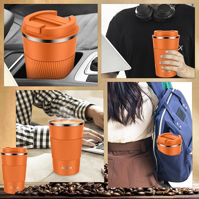 KETIEE 12oz Insulated Travel Mug, Vacuum Stainless Steel Double Walled Reusable Coffee Cup with Leakproof Lid, Travel Tumbler Coffee Mug to Go for Hot and Iced Tea Water (Orange)