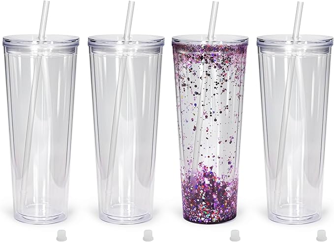 AGH 24Oz Snow Globe Tumbler(4 Pack) - Double Wall Acrylic Cups with Lids and Straws, Plastic Snow Globe Cups Pre Drilled with Hole Plug for Snowglobe DIY