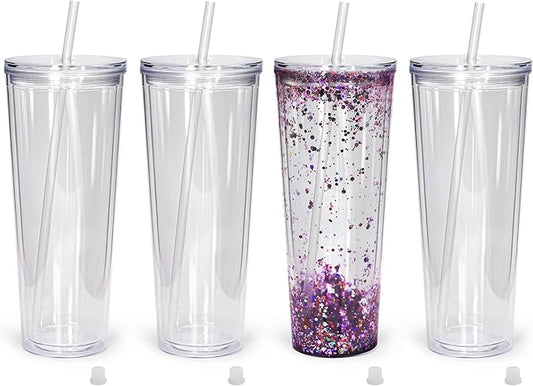 AGH 24Oz Snow Globe Tumbler(4 Pack) - Double Wall Acrylic Cups with Lids and Straws, Plastic Snow Globe Cups Pre Drilled with Hole Plug for Snowglobe DIY