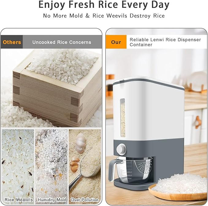 22-25 Lbs Rice Dispenser, Large Cereal Dry Food Storage Containers with Measuring Cup,BPA-Free Household for Kitchen Pantry Organization-Grey