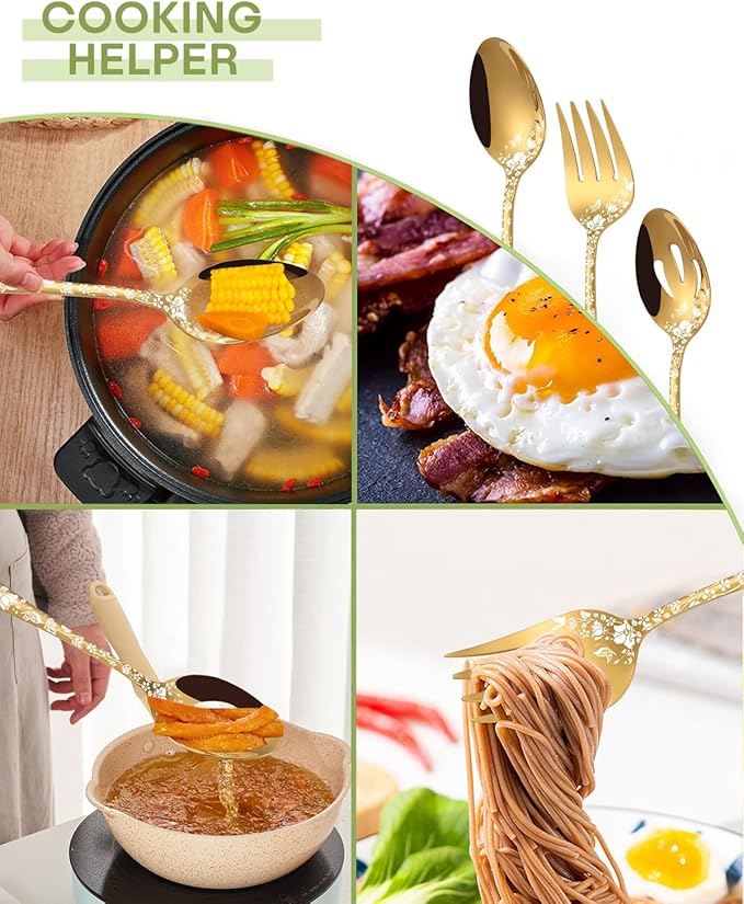 Stapava Serving Utensils, Gold 5-Piece Large Hostess Set, Stainless Steel Flatware Serving Set, Ideal for Buffet Catering Party, Mirror Polished, Dishwasher Safe