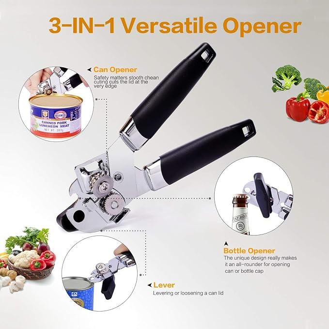 Can Opener, 3-In-1 Manual Can Openers, Cordless Tin Opener with Lids off Jar Opener and Bottle Opener in One, Smooth Edge and Heavy Duty Stainless Steel Sharp Blade
