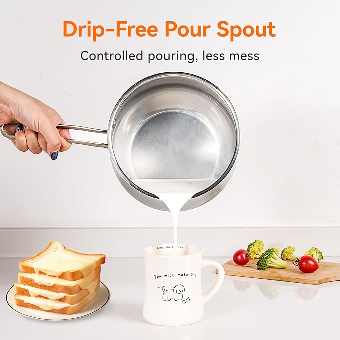 WANGYUANJI 2.5 Quart Stainless Steel Saucepan with Steamer Insert, 2-in-1 Sauce Pot with Lid & Steamer Basket, Tri-Ply Bottom Induction Cookware for Boiling, Soup, Milk, Silver