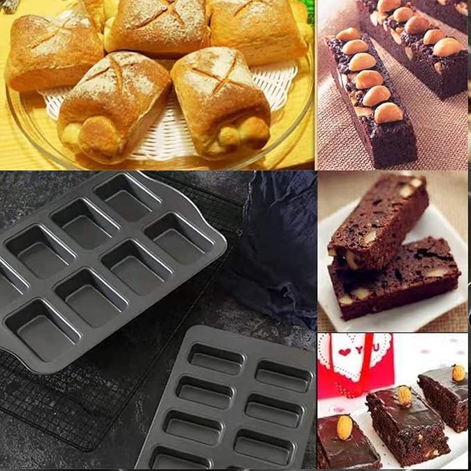 2 Packs 8 Cavity Non-Stock Mini Loaf Pan with Silicone Handle, Mini Bread Loaf Baking Pan Mini Brownie Pan Cheesecake Mould Rectangular Bar