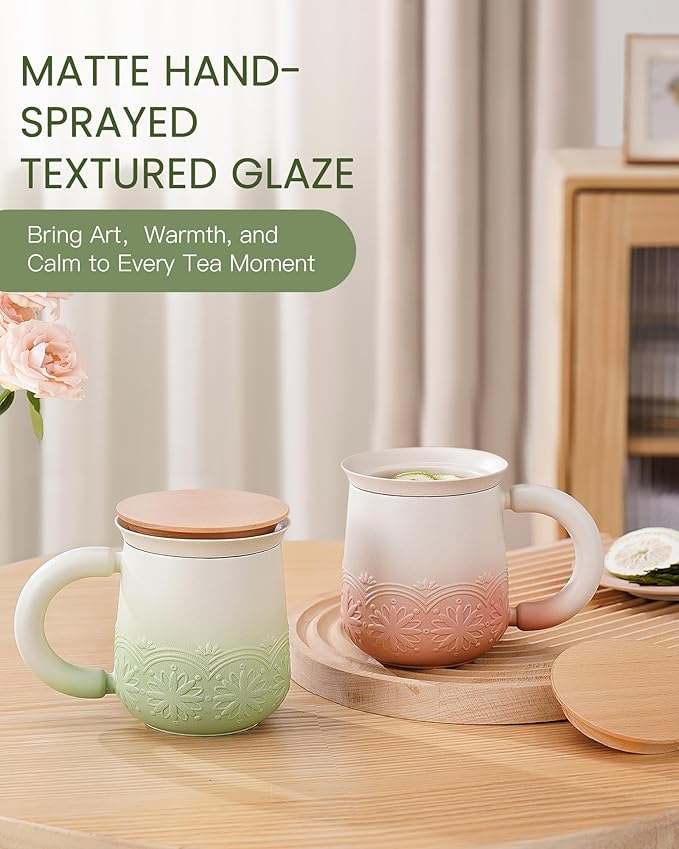 ZENS Tea Mug with Infuser and Lid, 11 oz Embossed Ceramic Loose Leaf Tea Steeper Cup, Wood Lid & Fine Strainers, Loose Tea Diffusers for Tea Lovers Gifts, Pale Green