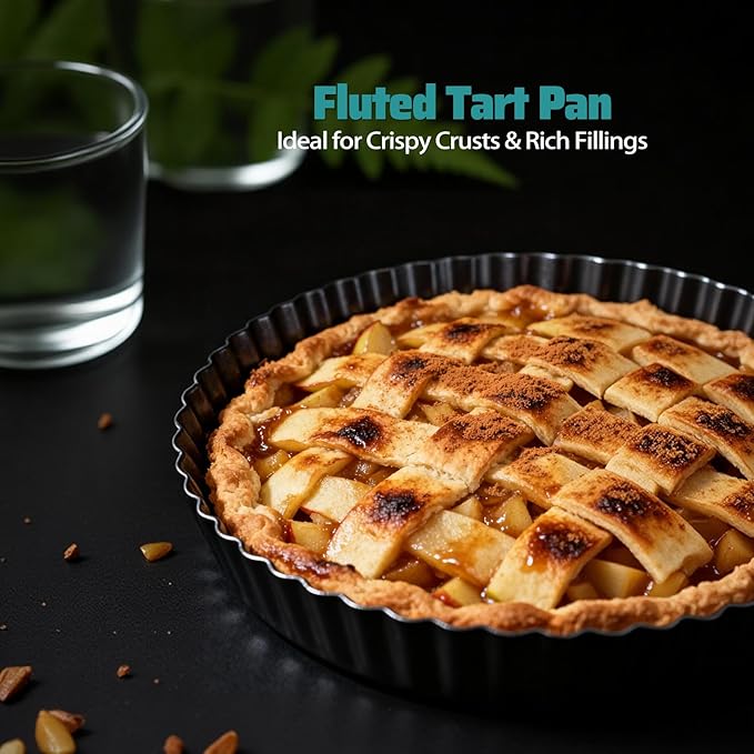 Tart Pan 2 Pack, 9 Inch Non-Stick Carbon Steel Pie Pan, Tart Pans with Removable Bottom - Perfect Molds for Making Quiches, Brownies, and Fruit Tarts with Grooved Edges