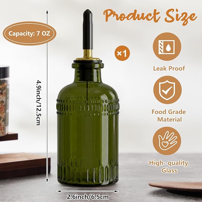 1 Pack Olive Oil Dispenser 7oz, Olive Green Glass Bottle with Metal Spout and Lid, Vinegar Cruet Kitchen Small Oil for Cooking, Salad, Baking (Elegant)