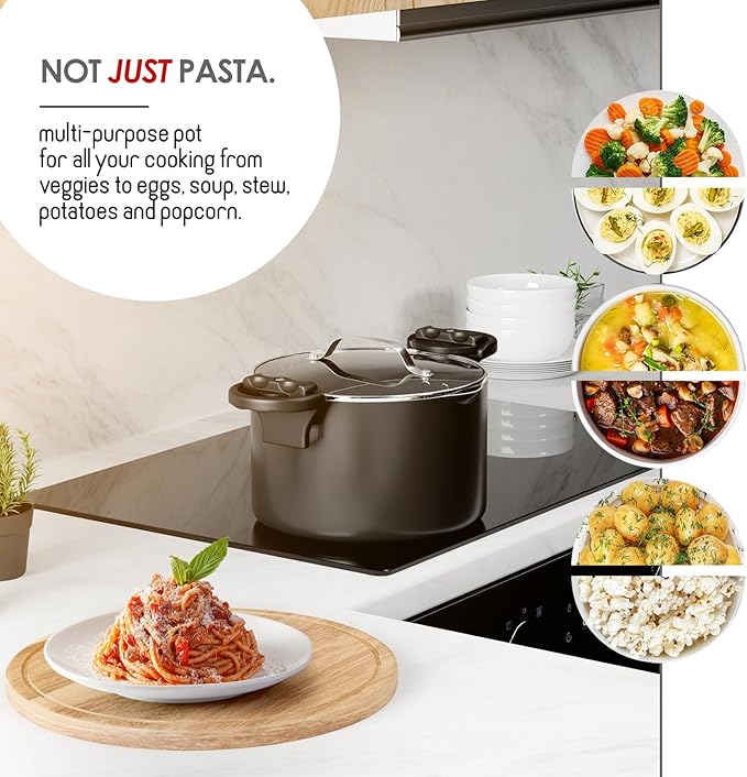 EATEX Pasta Pot with Strainer Lid - 5 Quart Multipurpose Stock Pot, Simmer Spaghetti Pot with Pasta Strainer Lid - Twist & Lock Handles, Nonstick Ceramic Stainless Steel Pot, Tempered Glass Lid Black