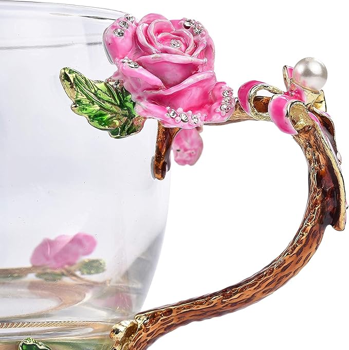 SUQ I OME Enamel Rose and Butterfly Flower Glass Tea Cup, Birthday Gifts For Women,Wife, Friend for Valentines Wedding, Pink Rose,11oz