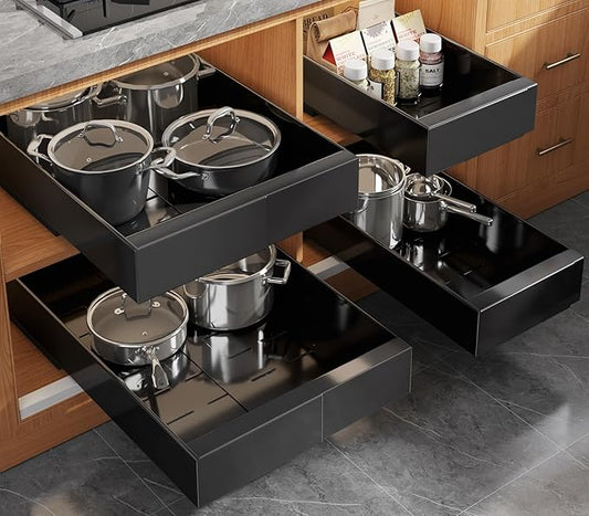 4 Pack Expandable Pull Out Cabinet Organizer 21" Deep With Raising Pad for Framed Cabinets,Upgrade 3 Slide Rails Slide Out Drawers,No Drill Roll Out Shelves,Adjustable Width 9"-14" Black
