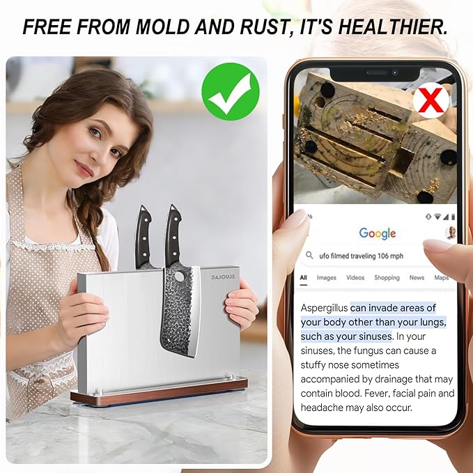Magnetic Knife Holder, Stainless Steel Magnetic Knife Block without Knives, Strong Double Sided Magnet Knife Storage Strip with Wood Base for Kitchen Counter-Silver