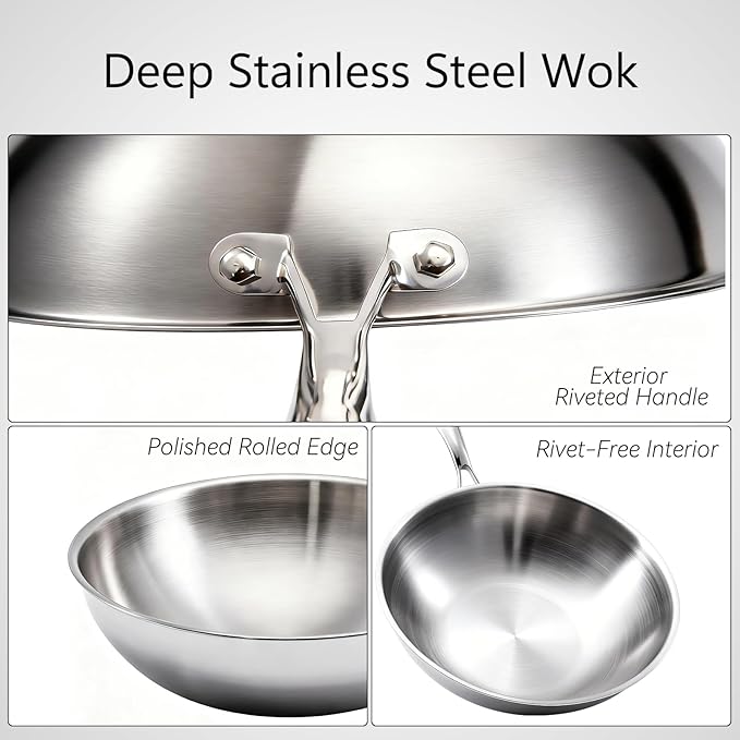 WANGYUANJI 4.2 QT Tri-Ply Stainless Steel Wok Pan with Lid, 12" Flat Bottom Stir Fry Skillet for Asian Cuisine, Premium 18/10 Induction Cookware for 3-4 Servings, Oven Safe