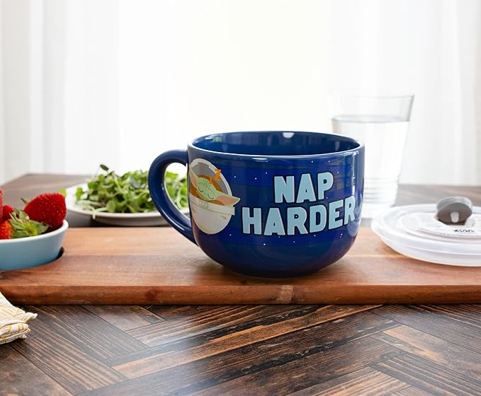 Silver Buffalo Star Wars The Mandalorian Work Hard Nap Harder Baby Yoda Grogu Ceramic Soup Mug With Vented Plastic Lid, 24 Ounces