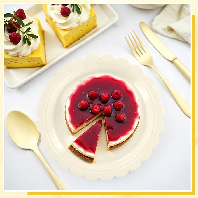 30 Pcs Dessert Plates Disposable, 7 Inch Ivory Paper Plates Scalloped Small Cake Appetizer Birthday Plate Cream Party Plate for Wedding, Baby Bridal Shower