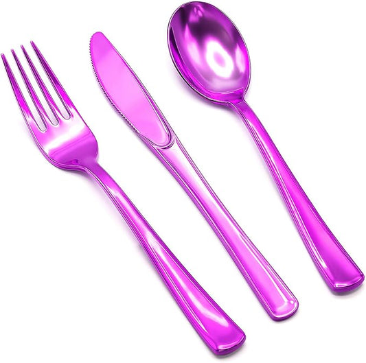 306 Pack Plastic Silverware Set - Heavy Duty Silverware Disposable Set - 102 Forks 102 Knives 102 Spoons Plastic Cutlery Disposable Utensils Set for Easter Party Dinner Wedding Gathering（Purple）