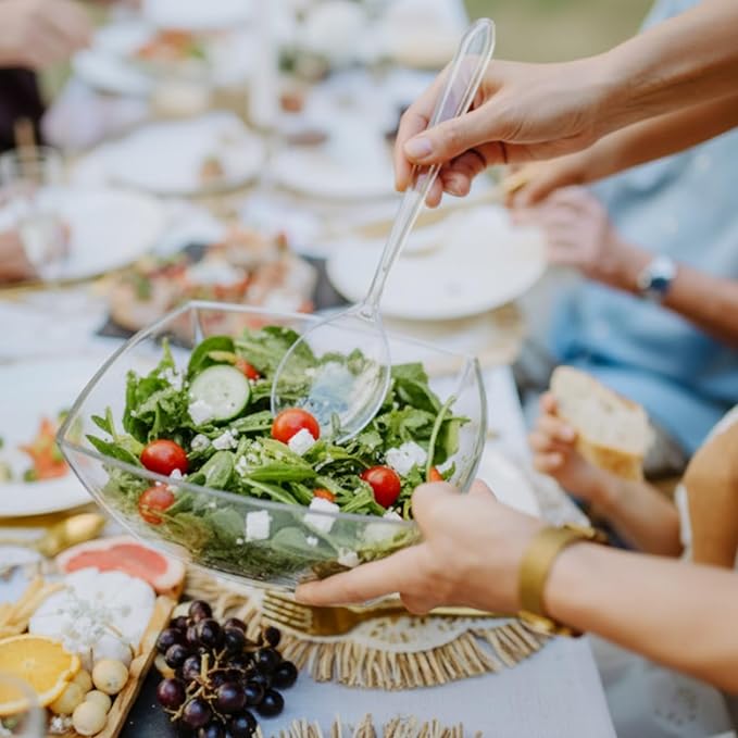 22 Pcs 32 oz Clear Plastic Serving Salad Bowl with 9'' Plastic Serving Spoons Forks and Tongs Disposable Utensils for Weddings Catering Birthday Party Supplies