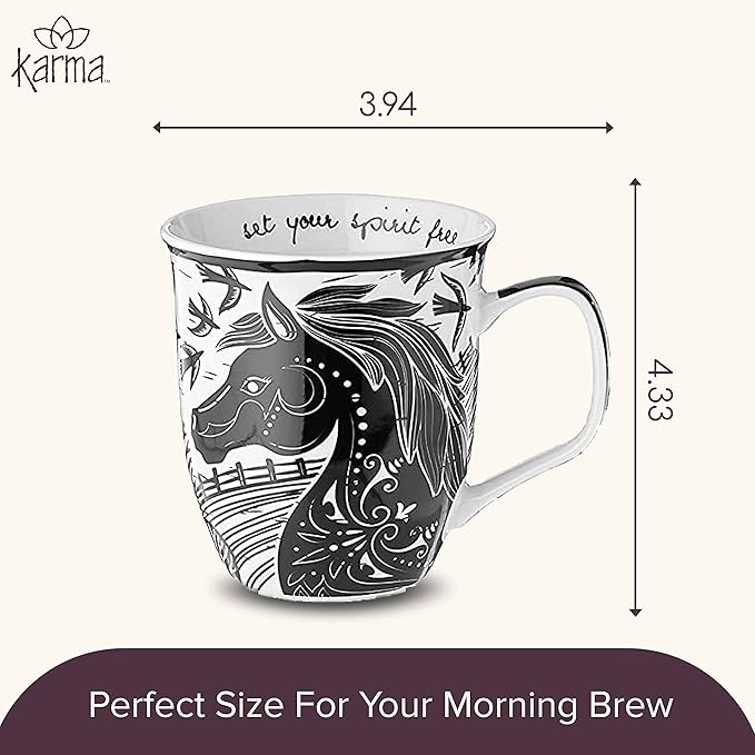 Karma Gifts 14 oz Black and White Boho Mug Horse - Cute Coffee and Tea Mug - Ceramic Coffee Mugs for Women and Men