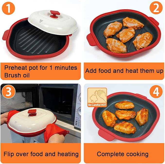 Microwave Grill Pan with Cover, Microwave Cookware Multi-Use for Grilling, Frying, Browning and Crisping, Microwave Bacon Cooker, Omelette Maker, Omelette Pan, Quesadilla Maker, Easy to Clean (Red)