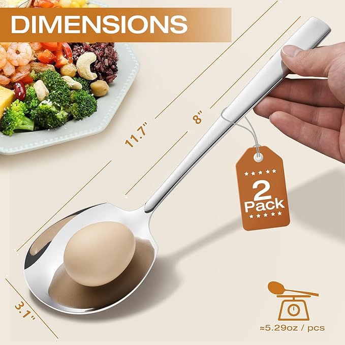 Extra Large Serving Spoons Set 11.7-Inch Serving Slotted Spoon and Serving Spoon 18/8 Stainless Steel Big Serving Utensil for Buffet, Parties, Catering - Dishwasher Safe(2-Pack, Silver)