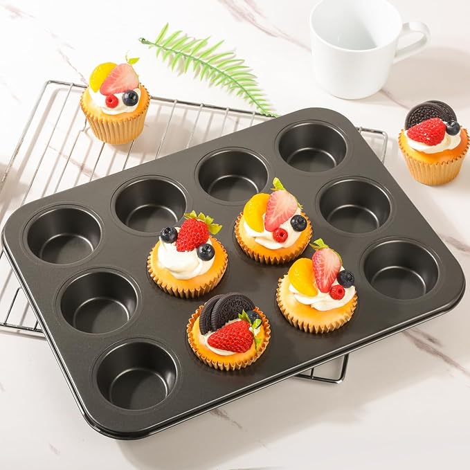 2 Pack Muffin Pan Set,12 Cup Nonstick Carbon Steel Cupcake Pan with 100 Liners,Standard Muffin Tin for Cupcakes and Baking Supplies