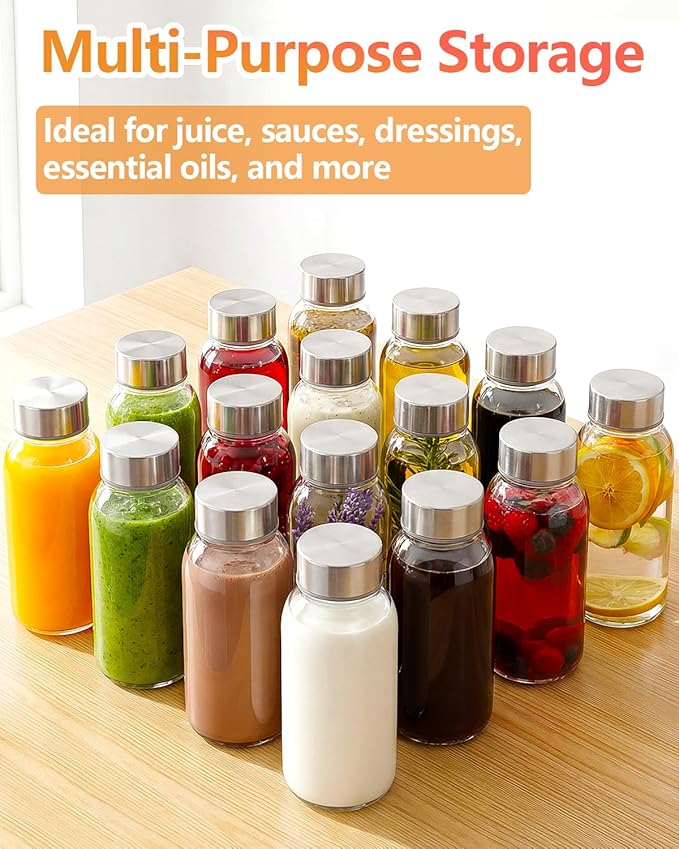 Zukro 8 oz Glass Water Bottles with Lids, Reusable Clear Juice Bottles With Stainless Steel Airtight Cap for Juicing, Ginger Shot, Milk, 250ml Leak Proof Small Smoothie Container, BPA Free, Set of 16