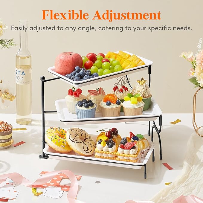 Lifewit 3 Tier Serving Tray, 30 x 17 cm/12 x 6.5 White Plastic Tiered Food Serving Platters, Rotating Tiered Tray Stand for Party with Black Collapsible Metal Stand, Dessert Table Stands for Cookies
