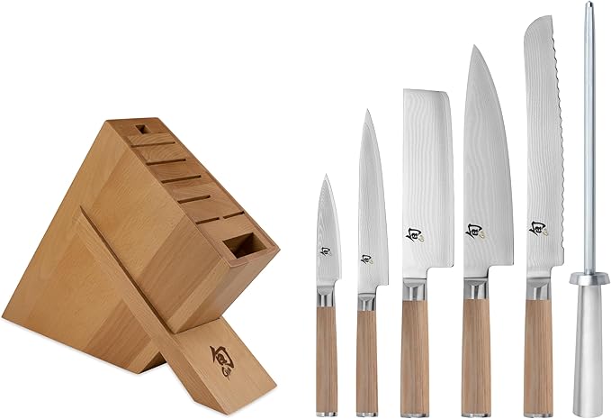 Shun Classic Blonde 7 Piece Block Set, Includes 5 Classic Blonde Knives, Honing Steel and Knife Block, Handcrafted Japanese Knife Set, Damascus Stainless Steel Cladding, Pakkawood Handle