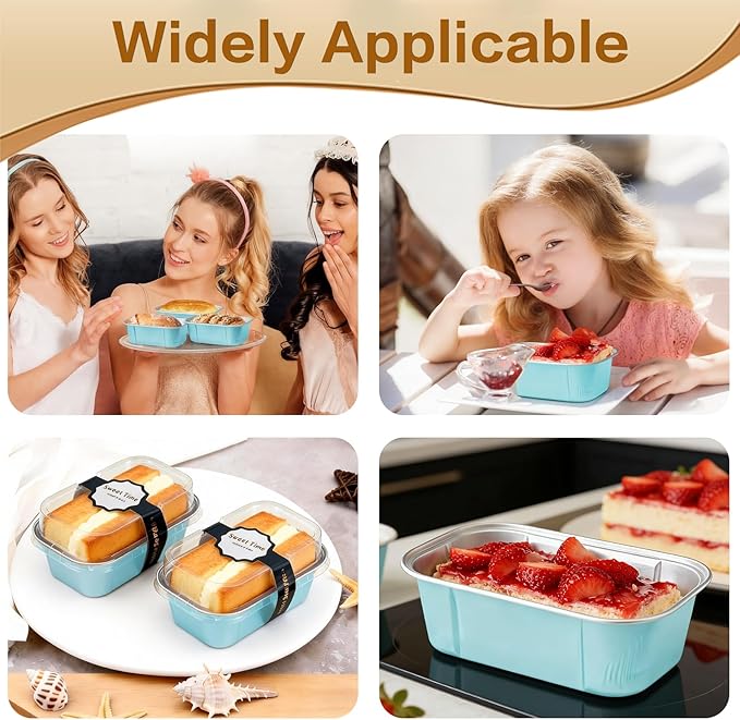 Mini Cake Pans With Lids And Spoons,5.5 oz Rectangle Mini individual Loaf Pans Disposable Aluminum Foil Small Baking Cups Tins (100, Wathet)