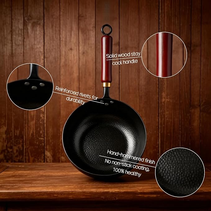 Calmabode 10" Pre-Seasoned Carbon Steel Wok - Fast, Even Heating - Works on Gas, Electric & Induction - Durable Commercial-Grade - Ready-to-Use, Easy Maintenance - Toxin-Free Cooking - Deep Pan