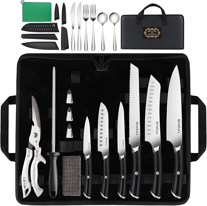 MOSFiATA 19 Pcs Japanese Stainless Steel Knife Sets for with Knife Sharpening Rod, Dishwasher Safe, For Outdoor