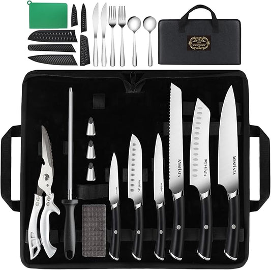 MOSFiATA 19 Pcs Japanese Stainless Steel Knife Sets for with Knife Sharpening Rod, Dishwasher Safe, For Outdoor