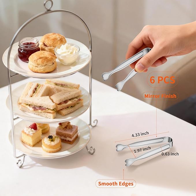 6 Pcs Mini Serving Tongs, 4.3 Inch Heart-Shaped Small Ice Tongs, Food Grade Stainless Steel Silver Tongs for Sugar Cube, Appetizers, Dessert, Tea Party, Home Kitchen, Coffee Bars, Dishwasher Safe