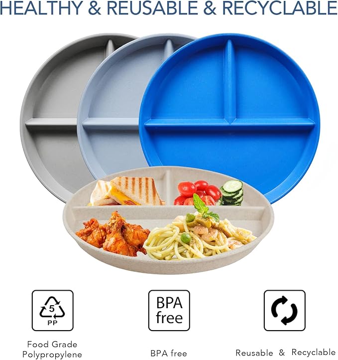 greenandlife 9 Inch 4PCS Unbreakable Portion Control Plates, Divided Plates for Kids Adults, Dishwasher & Microwave Safe Compartment Plate, Lightweight Reusable Wheat Straw Plate, BPA Free
