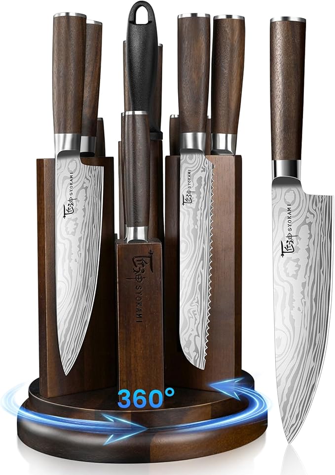 Kitchen Knife Set with Magnetic Block and Sharpener 14 Piece Knife Set 360° Rotatable Holder Ultra Sharp High Carbon Stainless Steel Knives Sets with Steak Knives, Ideal Gift